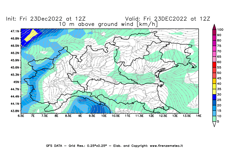 Mappa di analisi GFS - Velocità del vento a 10 metri dal suolo [km/h] in Nord-Italia
							del 23/12/2022 12 <!--googleoff: index-->UTC<!--googleon: index-->
