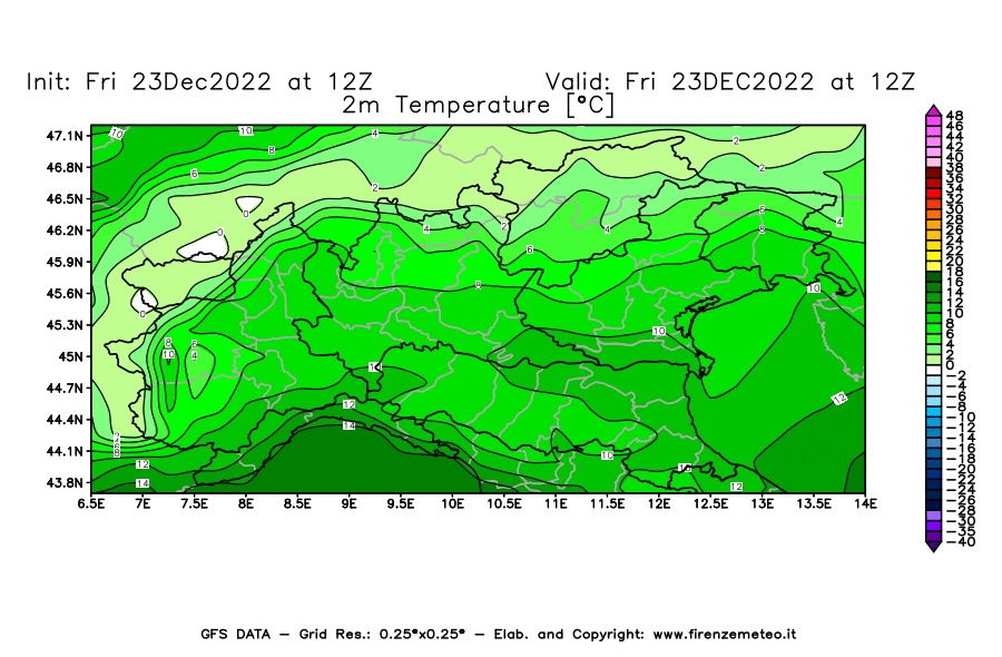 Mappa di analisi GFS - Temperatura a 2 metri dal suolo [°C] in Nord-Italia
							del 23/12/2022 12 <!--googleoff: index-->UTC<!--googleon: index-->