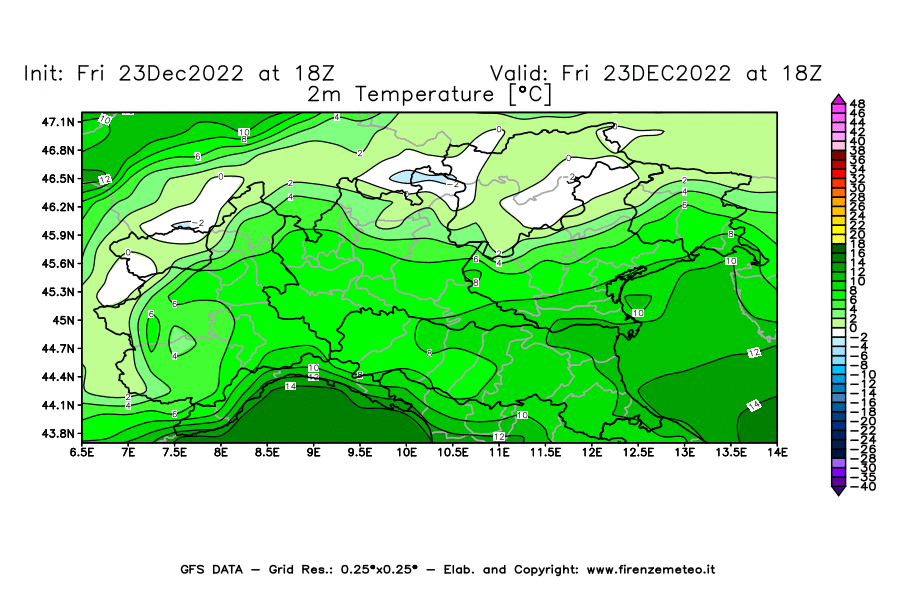 Mappa di analisi GFS - Temperatura a 2 metri dal suolo [°C] in Nord-Italia
							del 23/12/2022 18 <!--googleoff: index-->UTC<!--googleon: index-->