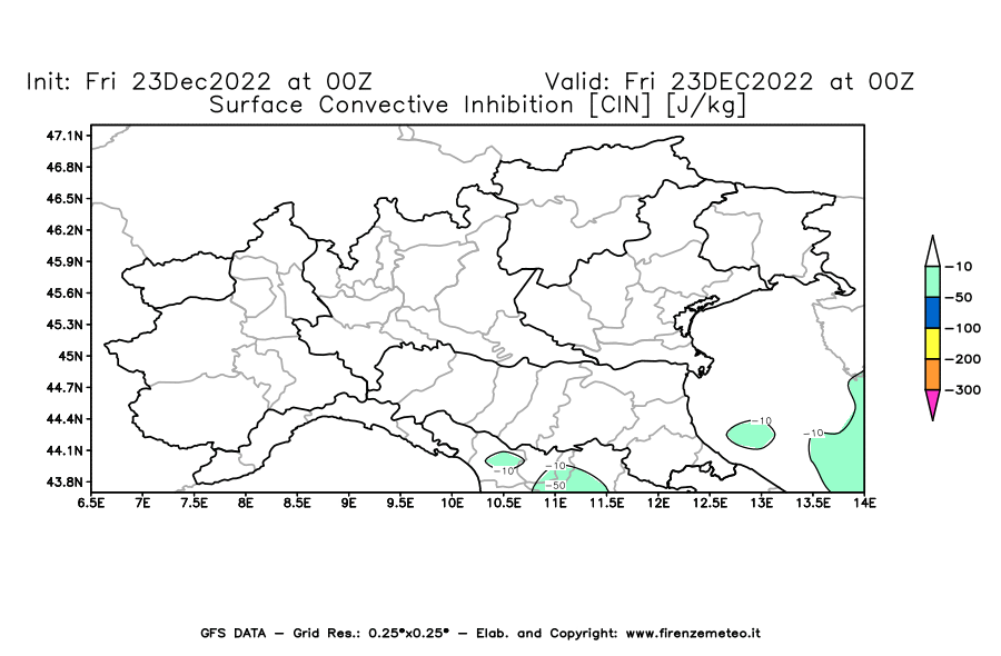 Mappa di analisi GFS - CIN [J/kg] in Nord-Italia
							del 23/12/2022 00 <!--googleoff: index-->UTC<!--googleon: index-->