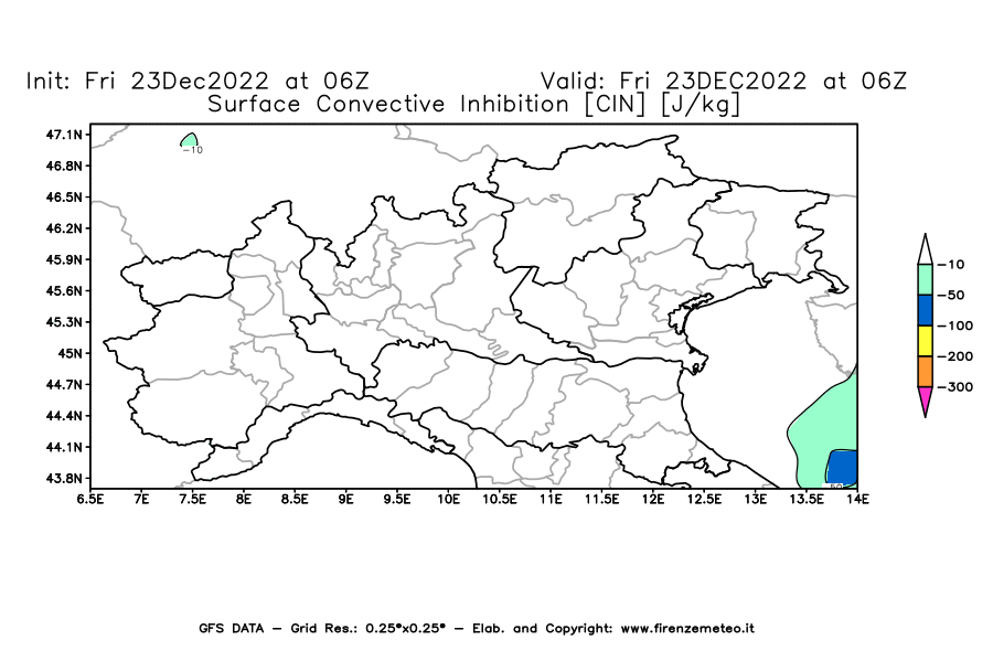 Mappa di analisi GFS - CIN [J/kg] in Nord-Italia
							del 23/12/2022 06 <!--googleoff: index-->UTC<!--googleon: index-->