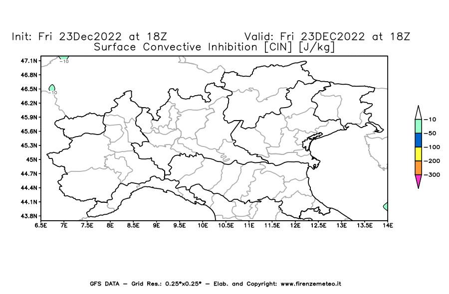 Mappa di analisi GFS - CIN [J/kg] in Nord-Italia
							del 23/12/2022 18 <!--googleoff: index-->UTC<!--googleon: index-->