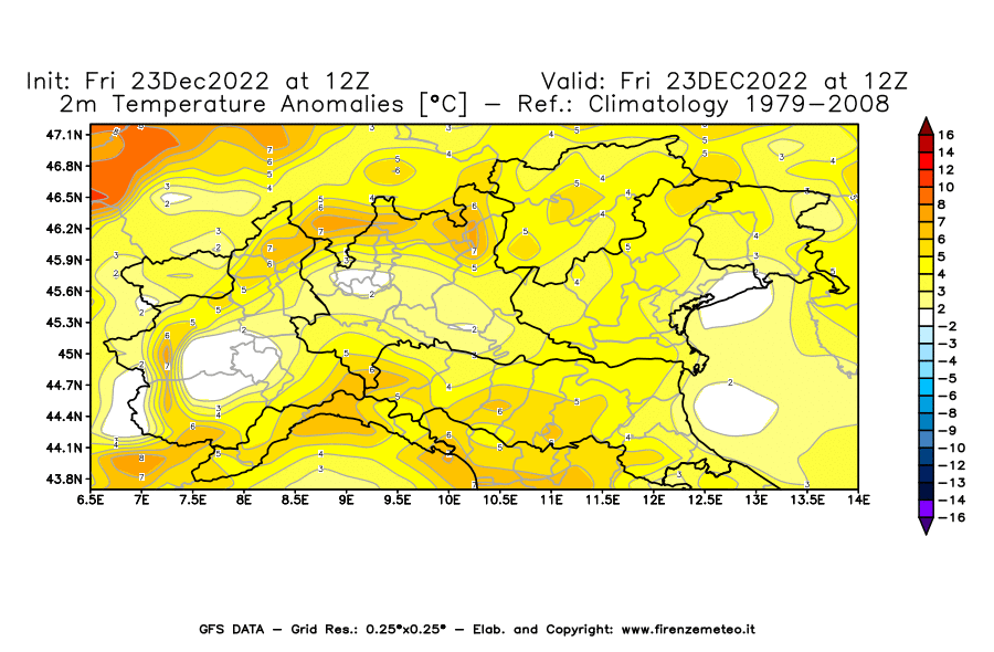 Mappa di analisi GFS - Anomalia Temperatura [°C] a 2 m in Nord-Italia
							del 23/12/2022 12 <!--googleoff: index-->UTC<!--googleon: index-->
