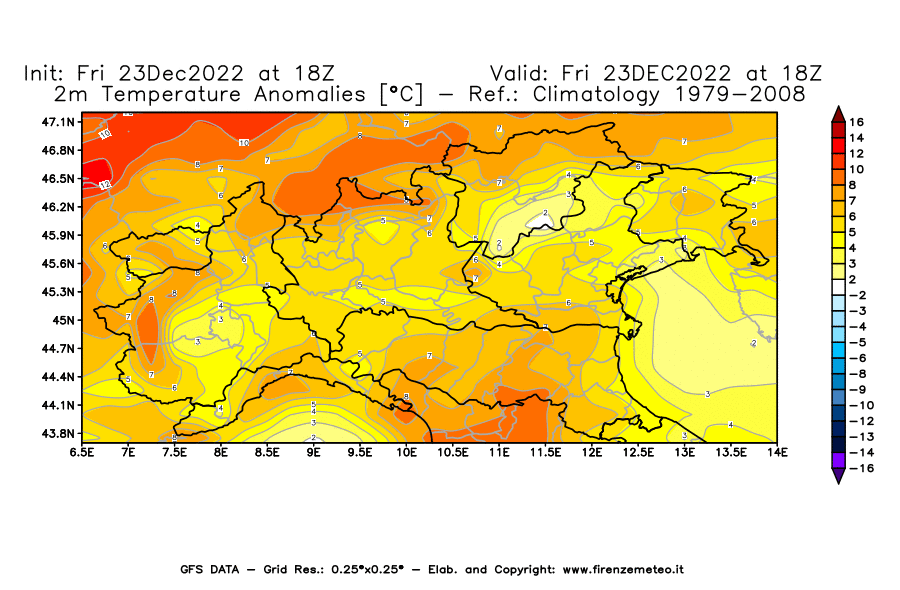 Mappa di analisi GFS - Anomalia Temperatura [°C] a 2 m in Nord-Italia
							del 23/12/2022 18 <!--googleoff: index-->UTC<!--googleon: index-->