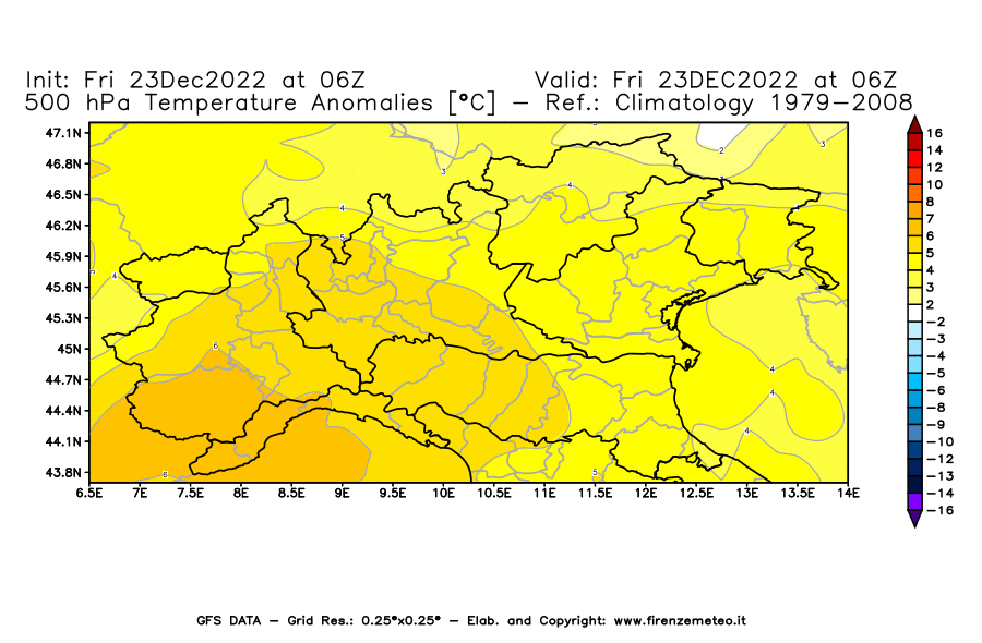 Mappa di analisi GFS - Anomalia Temperatura a 500 hPa in Nord-Italia
							del 23 dicembre 2022 z06