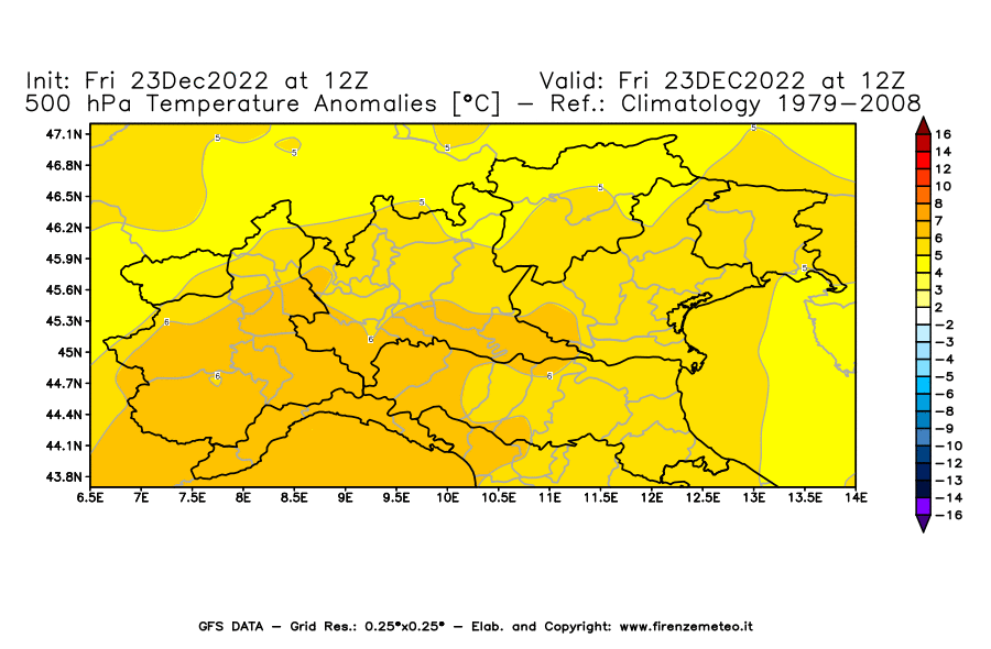 Mappa di analisi GFS - Anomalia Temperatura a 500 hPa in Nord-Italia
							del 23 dicembre 2022 z12