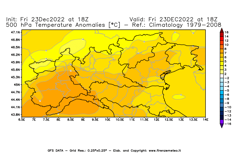Mappa di analisi GFS - Anomalia Temperatura a 500 hPa in Nord-Italia
							del 23 dicembre 2022 z18