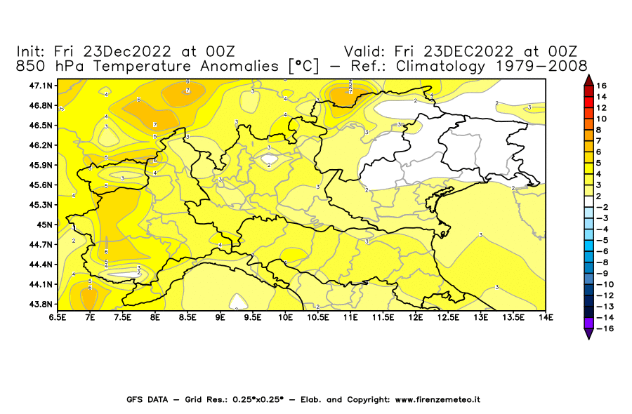 Mappa di analisi GFS - Anomalia Temperatura [°C] a 850 hPa in Nord-Italia
							del 23/12/2022 00 <!--googleoff: index-->UTC<!--googleon: index-->