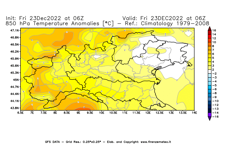 Mappa di analisi GFS - Anomalia Temperatura [°C] a 850 hPa in Nord-Italia
							del 23/12/2022 06 <!--googleoff: index-->UTC<!--googleon: index-->