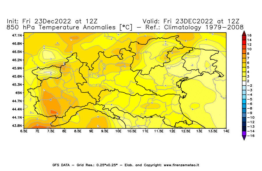 Mappa di analisi GFS - Anomalia Temperatura [°C] a 850 hPa in Nord-Italia
							del 23/12/2022 12 <!--googleoff: index-->UTC<!--googleon: index-->
