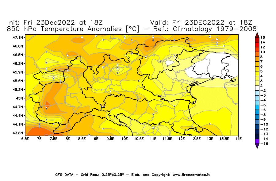 Mappa di analisi GFS - Anomalia Temperatura [°C] a 850 hPa in Nord-Italia
							del 23/12/2022 18 <!--googleoff: index-->UTC<!--googleon: index-->