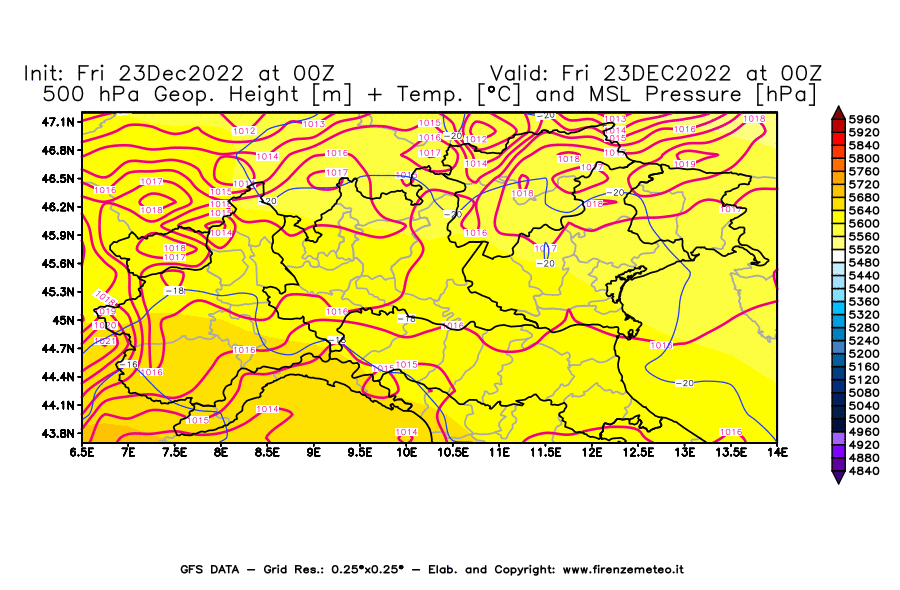 Mappa di analisi GFS - Geopotenziale [m] + Temp. [°C] a 500 hPa + Press. a livello del mare [hPa] in Nord-Italia
							del 23/12/2022 00 <!--googleoff: index-->UTC<!--googleon: index-->