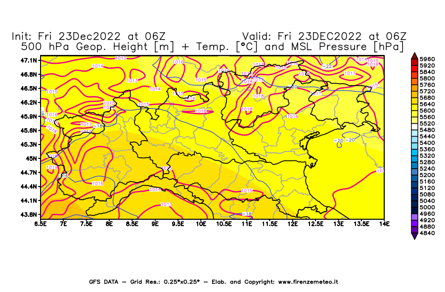 Mappa di analisi GFS - Geopotenziale [m] + Temp. [°C] a 500 hPa + Press. a livello del mare [hPa] in Nord-Italia
							del 23/12/2022 06 <!--googleoff: index-->UTC<!--googleon: index-->