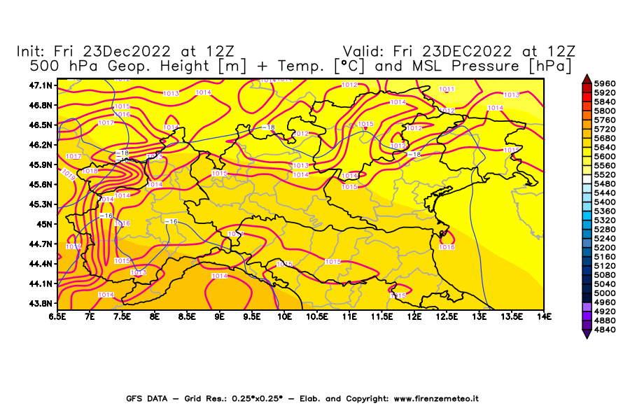 Mappa di analisi GFS - Geopotenziale [m] + Temp. [°C] a 500 hPa + Press. a livello del mare [hPa] in Nord-Italia
							del 23/12/2022 12 <!--googleoff: index-->UTC<!--googleon: index-->