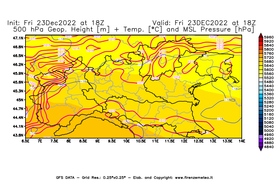 Mappa di analisi GFS - Geopotenziale [m] + Temp. [°C] a 500 hPa + Press. a livello del mare [hPa] in Nord-Italia
							del 23/12/2022 18 <!--googleoff: index-->UTC<!--googleon: index-->