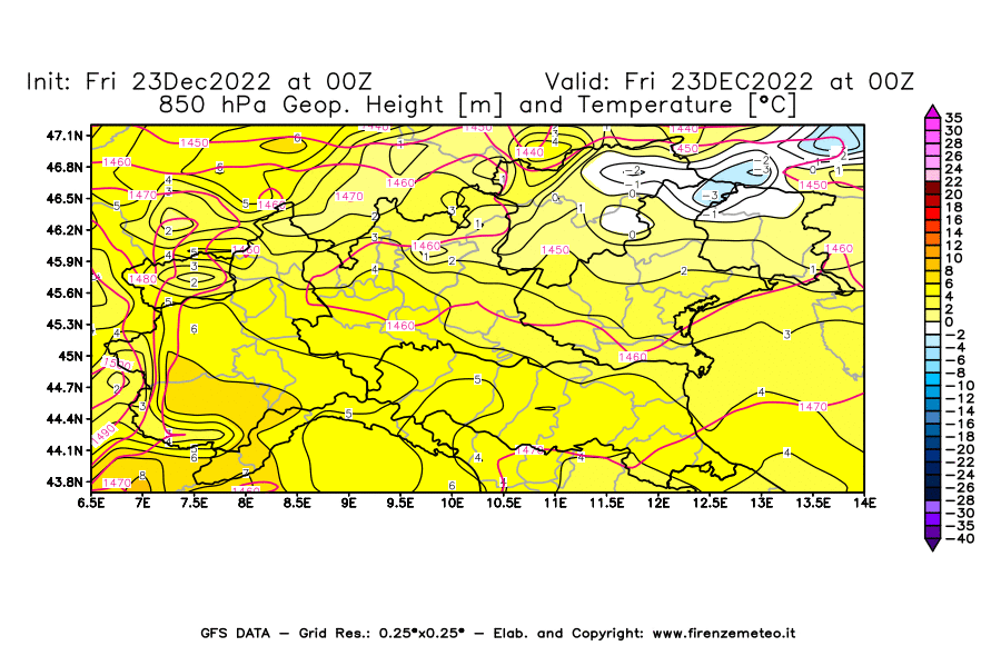 Mappa di analisi GFS - Geopotenziale [m] e Temperatura [°C] a 850 hPa in Nord-Italia
							del 23/12/2022 00 <!--googleoff: index-->UTC<!--googleon: index-->