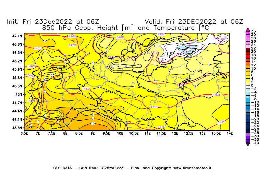 Mappa di analisi GFS - Geopotenziale [m] e Temperatura [°C] a 850 hPa in Nord-Italia
							del 23/12/2022 06 <!--googleoff: index-->UTC<!--googleon: index-->
