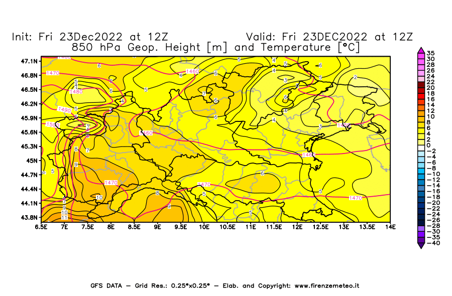 Mappa di analisi GFS - Geopotenziale [m] e Temperatura [°C] a 850 hPa in Nord-Italia
							del 23/12/2022 12 <!--googleoff: index-->UTC<!--googleon: index-->