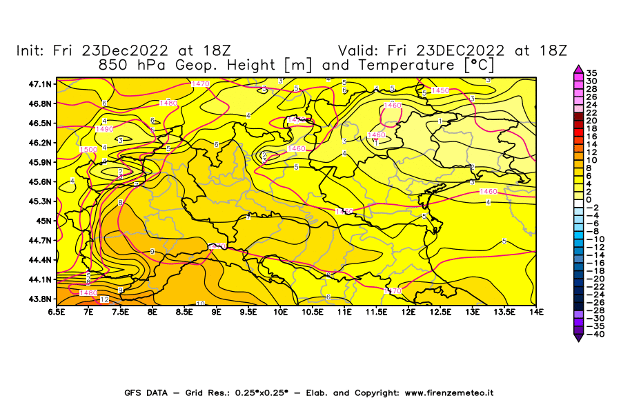 Mappa di analisi GFS - Geopotenziale [m] e Temperatura [°C] a 850 hPa in Nord-Italia
							del 23/12/2022 18 <!--googleoff: index-->UTC<!--googleon: index-->