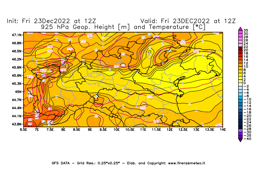 Mappa di analisi GFS - Geopotenziale [m] e Temperatura [°C] a 925 hPa in Nord-Italia
							del 23/12/2022 12 <!--googleoff: index-->UTC<!--googleon: index-->