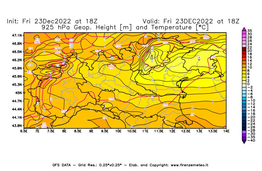 Mappa di analisi GFS - Geopotenziale [m] e Temperatura [°C] a 925 hPa in Nord-Italia
							del 23/12/2022 18 <!--googleoff: index-->UTC<!--googleon: index-->