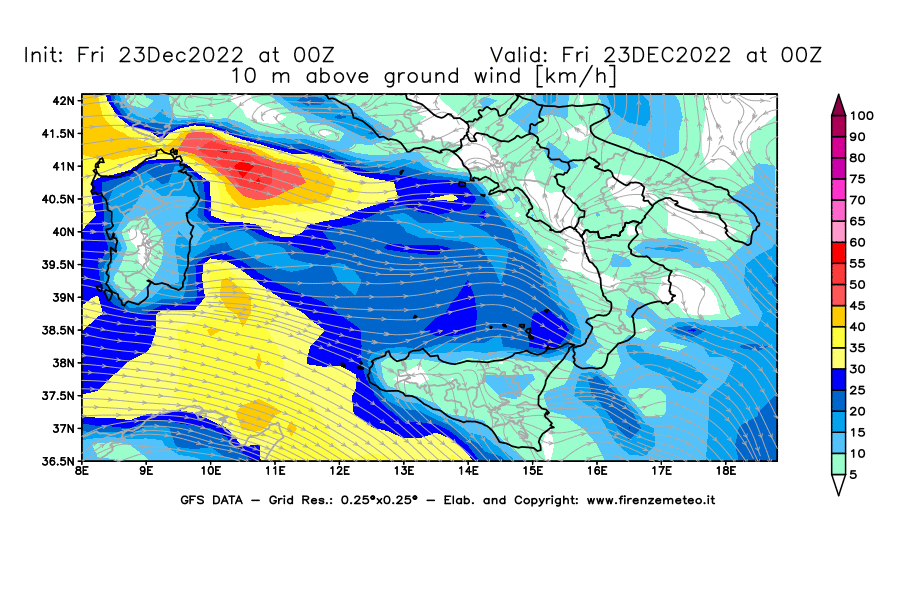 Mappa di analisi GFS - Velocità del vento a 10 metri dal suolo [km/h] in Sud-Italia
							del 23/12/2022 00 <!--googleoff: index-->UTC<!--googleon: index-->
