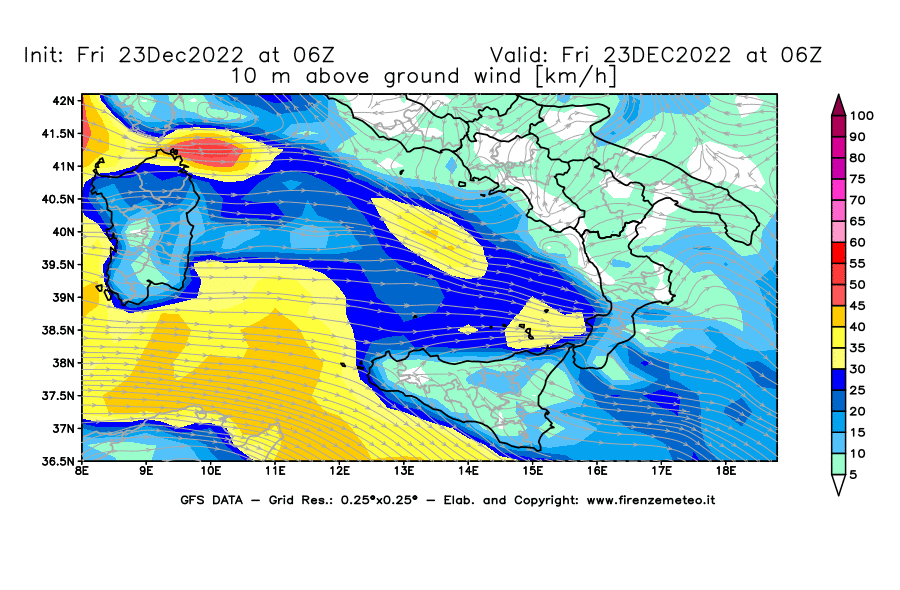 Mappa di analisi GFS - Velocità del vento a 10 metri dal suolo [km/h] in Sud-Italia
							del 23/12/2022 06 <!--googleoff: index-->UTC<!--googleon: index-->