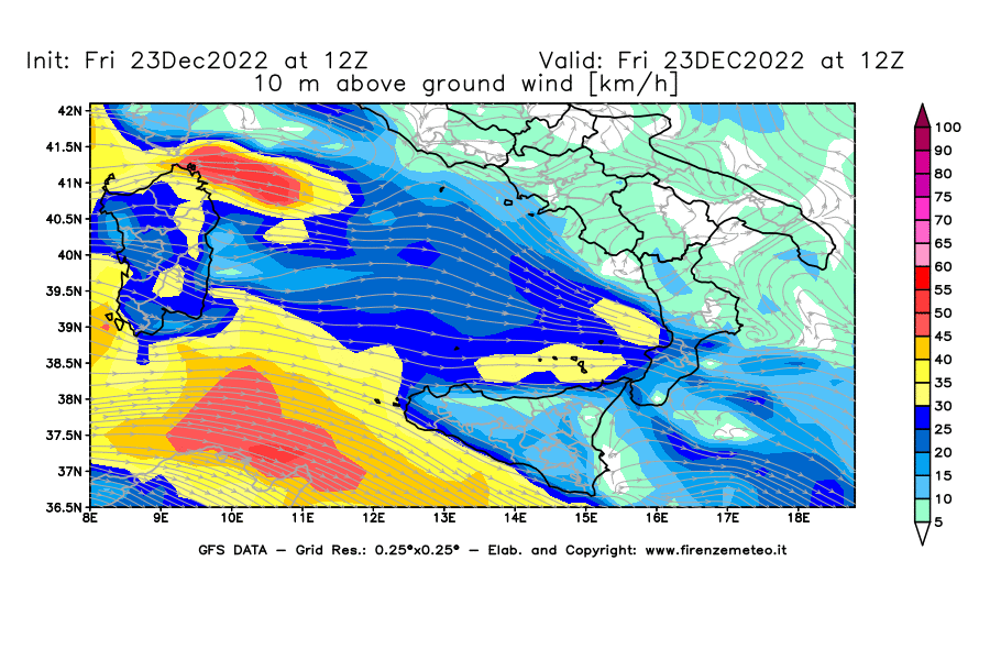 Mappa di analisi GFS - Velocità del vento a 10 metri dal suolo [km/h] in Sud-Italia
							del 23/12/2022 12 <!--googleoff: index-->UTC<!--googleon: index-->