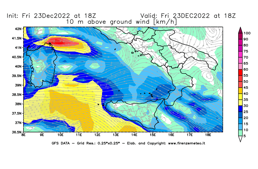 Mappa di analisi GFS - Velocità del vento a 10 metri dal suolo [km/h] in Sud-Italia
							del 23/12/2022 18 <!--googleoff: index-->UTC<!--googleon: index-->