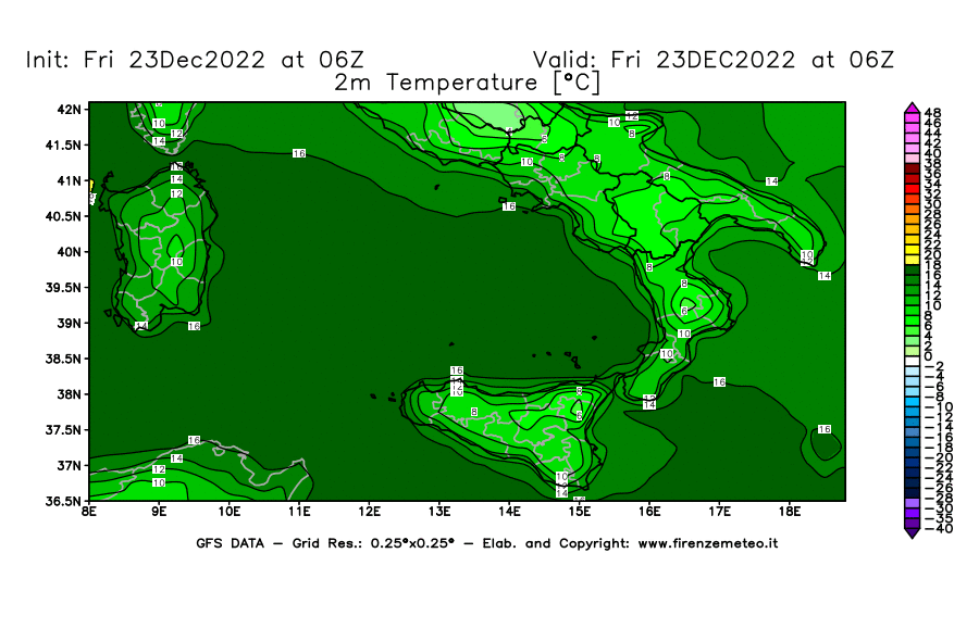 Mappa di analisi GFS - Temperatura a 2 metri dal suolo [°C] in Sud-Italia
							del 23/12/2022 06 <!--googleoff: index-->UTC<!--googleon: index-->