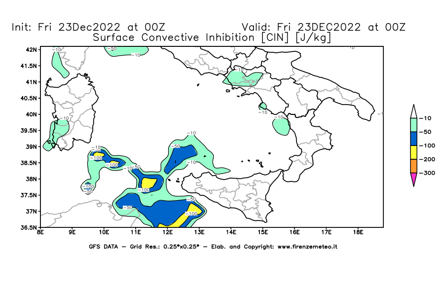 Mappa di analisi GFS - CIN [J/kg] in Sud-Italia
							del 23/12/2022 00 <!--googleoff: index-->UTC<!--googleon: index-->