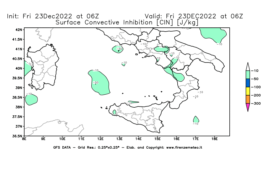 Mappa di analisi GFS - CIN [J/kg] in Sud-Italia
							del 23/12/2022 06 <!--googleoff: index-->UTC<!--googleon: index-->