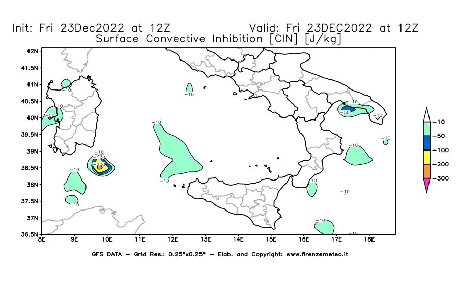 Mappa di analisi GFS - CIN [J/kg] in Sud-Italia
							del 23/12/2022 12 <!--googleoff: index-->UTC<!--googleon: index-->