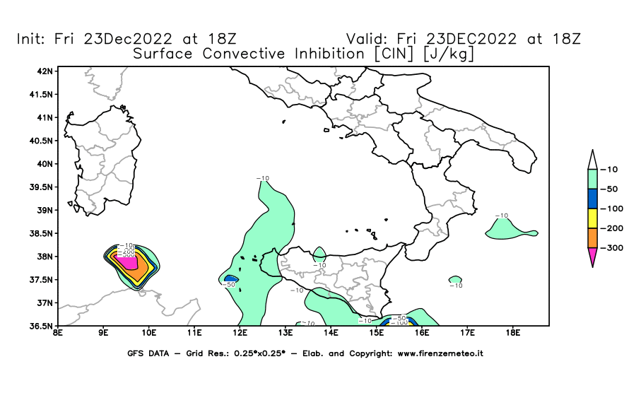 Mappa di analisi GFS - CIN [J/kg] in Sud-Italia
							del 23/12/2022 18 <!--googleoff: index-->UTC<!--googleon: index-->