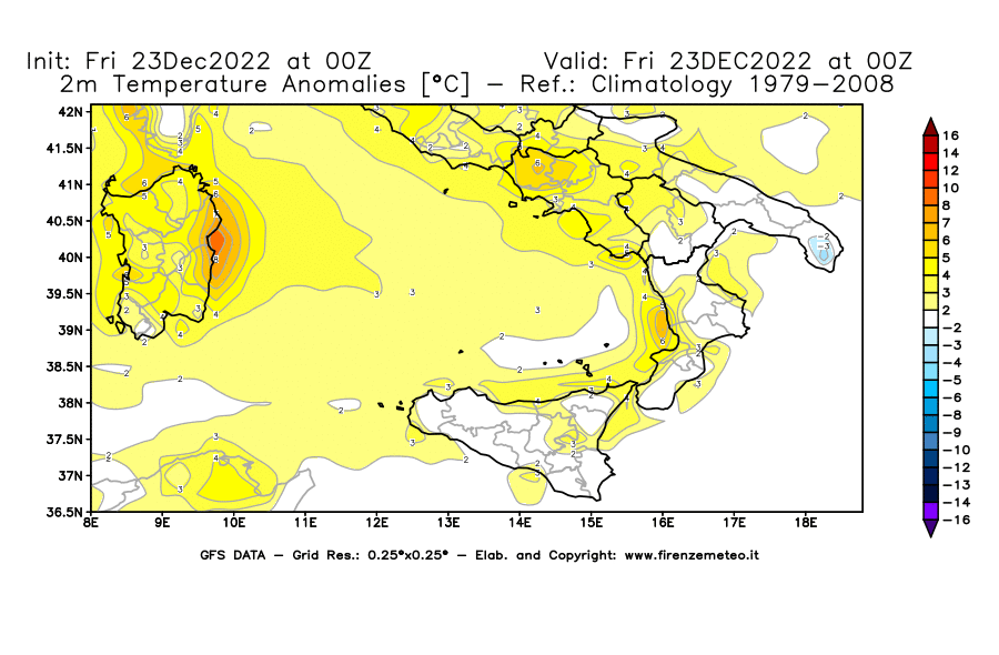 Mappa di analisi GFS - Anomalia Temperatura [°C] a 2 m in Sud-Italia
							del 23/12/2022 00 <!--googleoff: index-->UTC<!--googleon: index-->