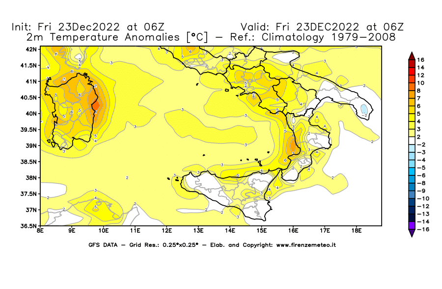 Mappa di analisi GFS - Anomalia Temperatura [°C] a 2 m in Sud-Italia
							del 23/12/2022 06 <!--googleoff: index-->UTC<!--googleon: index-->