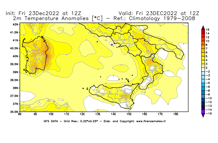 Mappa di analisi GFS - Anomalia Temperatura [°C] a 2 m in Sud-Italia
							del 23/12/2022 12 <!--googleoff: index-->UTC<!--googleon: index-->