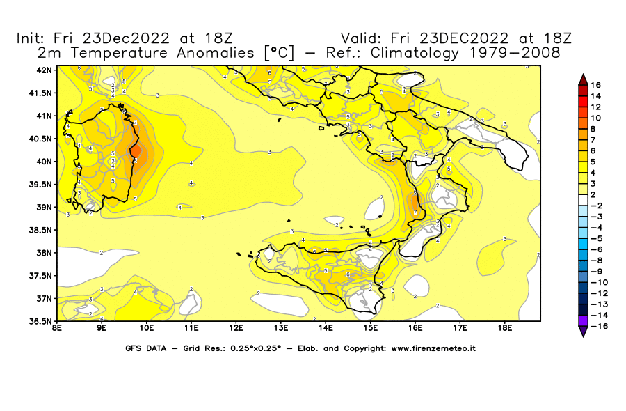 Mappa di analisi GFS - Anomalia Temperatura [°C] a 2 m in Sud-Italia
							del 23/12/2022 18 <!--googleoff: index-->UTC<!--googleon: index-->