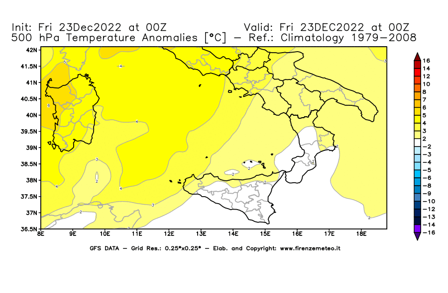 Mappa di analisi GFS - Anomalia Temperatura [°C] a 500 hPa in Sud-Italia
							del 23/12/2022 00 <!--googleoff: index-->UTC<!--googleon: index-->