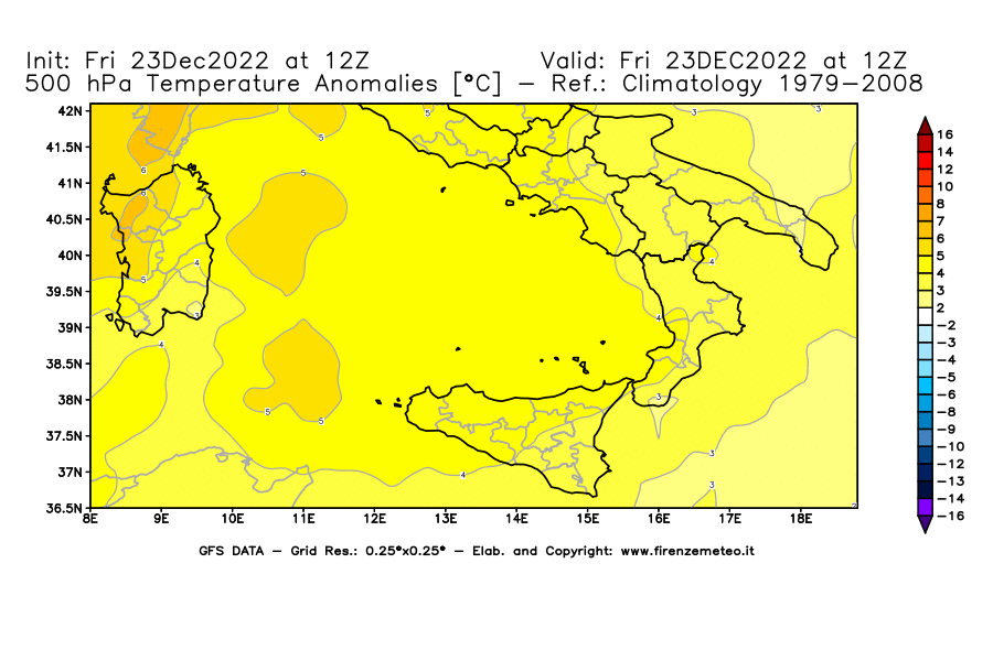 Mappa di analisi GFS - Anomalia Temperatura [°C] a 500 hPa in Sud-Italia
							del 23/12/2022 12 <!--googleoff: index-->UTC<!--googleon: index-->