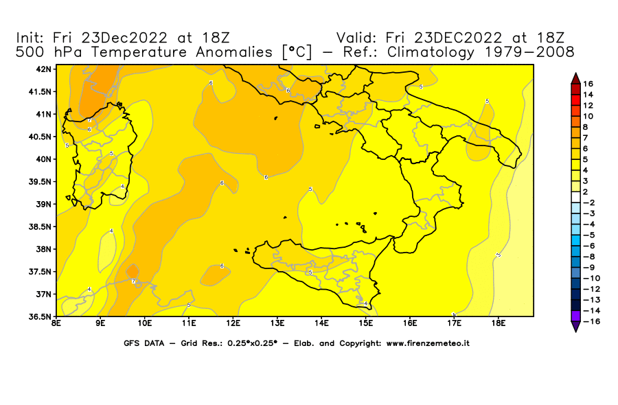 Mappa di analisi GFS - Anomalia Temperatura [°C] a 500 hPa in Sud-Italia
							del 23/12/2022 18 <!--googleoff: index-->UTC<!--googleon: index-->