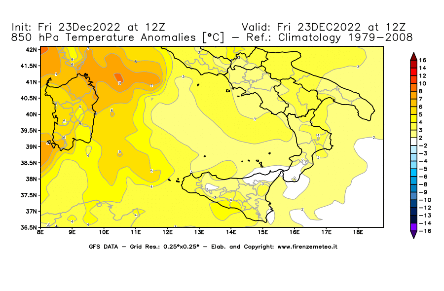 Mappa di analisi GFS - Anomalia Temperatura [°C] a 850 hPa in Sud-Italia
							del 23/12/2022 12 <!--googleoff: index-->UTC<!--googleon: index-->