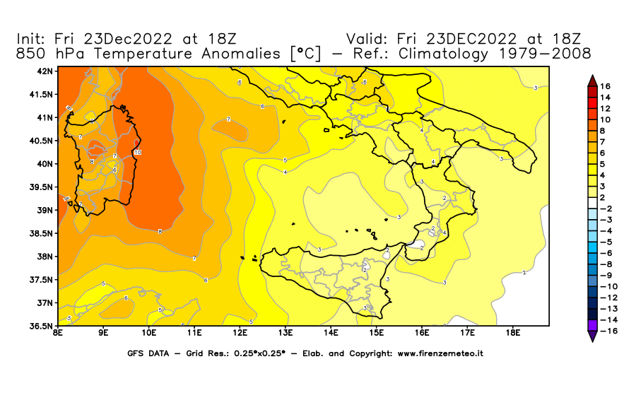Mappa di analisi GFS - Anomalia Temperatura [°C] a 850 hPa in Sud-Italia
							del 23/12/2022 18 <!--googleoff: index-->UTC<!--googleon: index-->