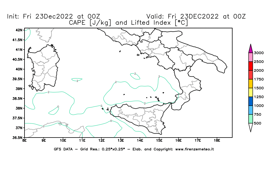 Mappa di analisi GFS - CAPE [J/kg] e Lifted Index [°C] in Sud-Italia
							del 23/12/2022 00 <!--googleoff: index-->UTC<!--googleon: index-->