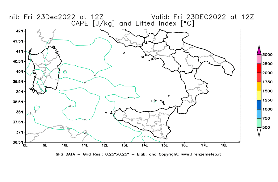 Mappa di analisi GFS - CAPE [J/kg] e Lifted Index [°C] in Sud-Italia
							del 23/12/2022 12 <!--googleoff: index-->UTC<!--googleon: index-->
