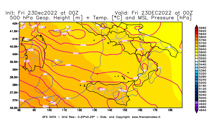 Mappa di analisi GFS - Geopotenziale [m] + Temp. [°C] a 500 hPa + Press. a livello del mare [hPa] in Sud-Italia
							del 23/12/2022 00 <!--googleoff: index-->UTC<!--googleon: index-->