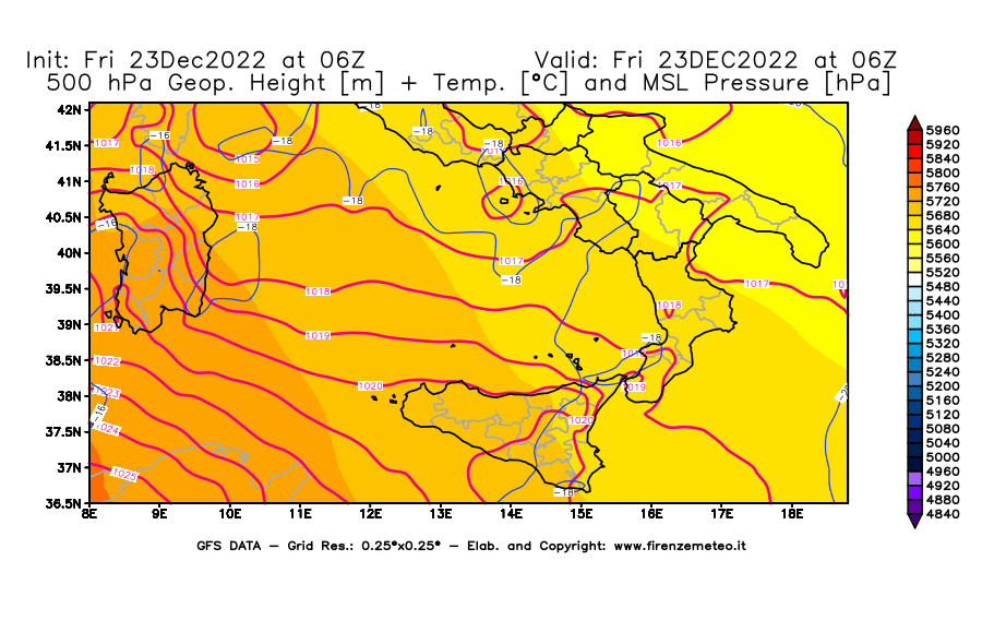 Mappa di analisi GFS - Geopotenziale [m] + Temp. [°C] a 500 hPa + Press. a livello del mare [hPa] in Sud-Italia
							del 23/12/2022 06 <!--googleoff: index-->UTC<!--googleon: index-->