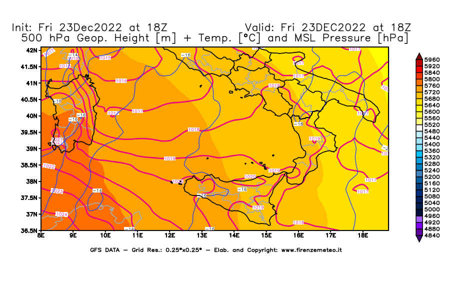 Mappa di analisi GFS - Geopotenziale [m] + Temp. [°C] a 500 hPa + Press. a livello del mare [hPa] in Sud-Italia
							del 23/12/2022 18 <!--googleoff: index-->UTC<!--googleon: index-->