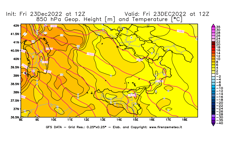 Mappa di analisi GFS - Geopotenziale [m] e Temperatura [°C] a 850 hPa in Sud-Italia
							del 23/12/2022 12 <!--googleoff: index-->UTC<!--googleon: index-->