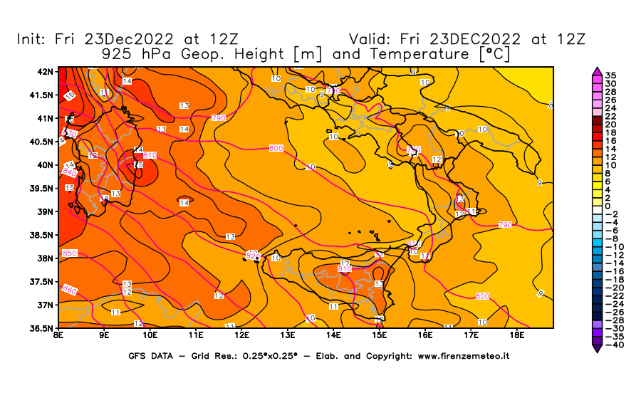 Mappa di analisi GFS - Geopotenziale [m] e Temperatura [°C] a 925 hPa in Sud-Italia
							del 23/12/2022 12 <!--googleoff: index-->UTC<!--googleon: index-->